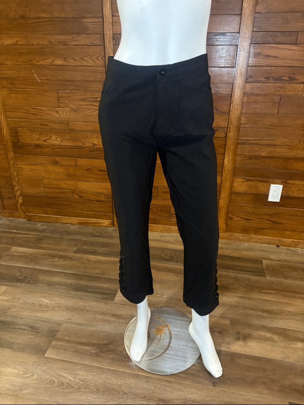 Women's Black Cropped Ankle Pants with Button-Cuff Trim